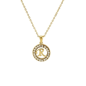 18K gold-plated stainless steel round necklace featuring a crystal-set letter R pendant