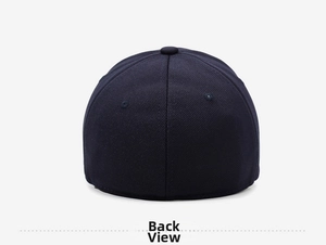 Rear view of navy blue fitted baseball cap with breathable knit mesh and solid crown