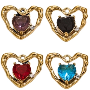 Golden heart-shaped jewelry pendants with colorful gemstone inlays in four vibrant colors