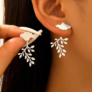 Ethnic style silver leaf drop earrings with cloud design and hollow branch detail