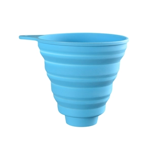 Close-up of blue collapsible silicone funnel with ribbed design and hanging hole detail