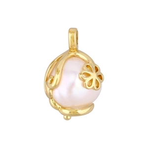 Macro shot of gold-plated flower wrap pendant with a white pearl and teardrop design
