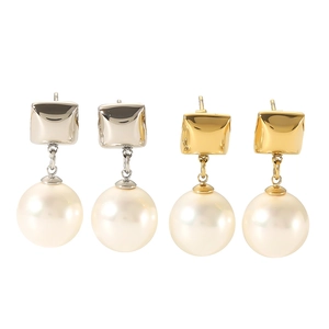 Elegant geometric pearl drop earrings in gold and silver finish with square metal studs