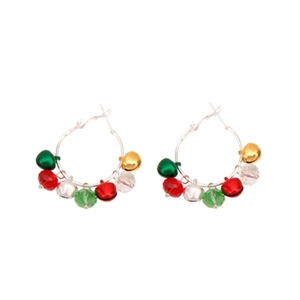 Close-up of Christmas hoop earrings with colorful red, green, and gold hanging bells