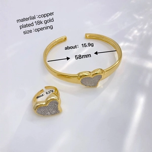 18k gold plated copper heart jewelry set with open bangle and sparkling zircon stones