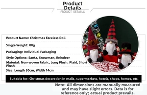 Detailed size specifications of 30x14cm Christmas gnomes with holiday tree backdrop