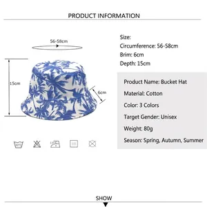 Unisex cotton bucket hat with blue palm tree print for outdoor sun protection