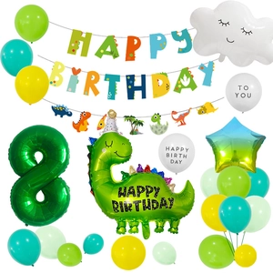 Detail of dinosaur birthday set with green number 8 balloon and party decorations