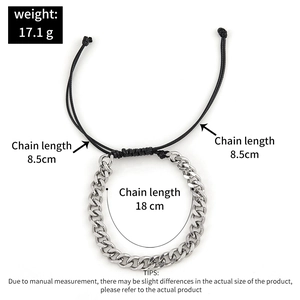 Detail showing dimension specs of the silver chain and black cord woven bracelet
