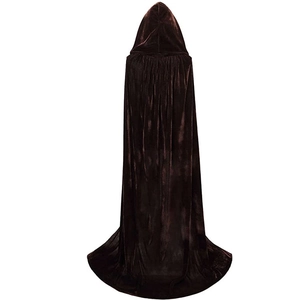 Detailed back view of a long hooded velvet cloak in dark brown with elegant fabric drape