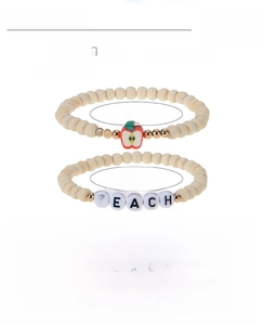 Detailed dimensions of handmade 8mm wood bead teacher bracelet with apple charm