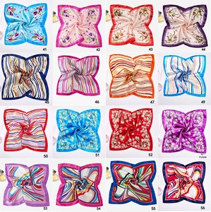 Grid display of 16 assorted elegant 50cm square neck scarves with diverse prints