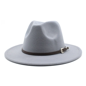 Detail of light gray wool fedora featuring a brown leather band and silver metal buckle