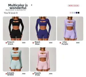Détails d'ensembles de sport extensibles multicolores avec haut ajouré et short assorti