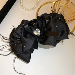 Vue macro de la pince à cheveux en tissu vintage avec cristal coeur et plumes noires