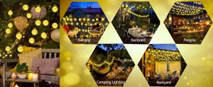 Collage of warm white solar crystal globe string lights used for balcony and camping decor