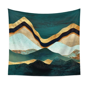 Detailed view of the abstract mountain tapestry with metallic gold and deep teal colors