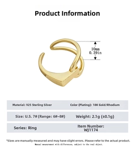 Detailed chart showing 10mm geometric sterling silver ring with 18K gold plating specs