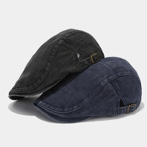 Vintage washed denim beret hats in black and navy blue with adjustable metal buckles