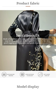 Detail of silk-like satin robe with white and yellow floral prints and metallic luster