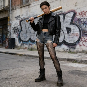 Detail of high waist patterned fishnet tights with 3D wave texture and denim shorts