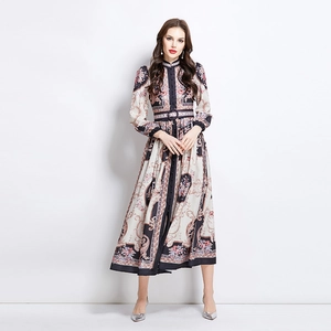 Elegant palace style maxi dress with stand collar and colorful baroque print patterns