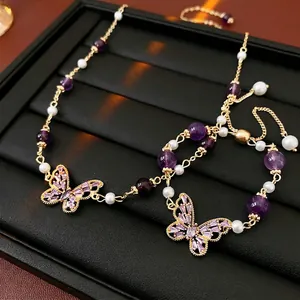 Butterfly Pendant Necklace And Bracelet Jewelry Copper With Purple Zircon And Imitation Artificial Pearl Sweet Elegant Women