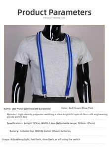 Detailed size chart for blue LED suspenders showing adjustable 125x2.5cm strap length