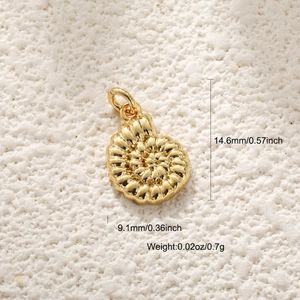 Macro view of a gold spiral seashell pendant with precise dimensions and weight specs