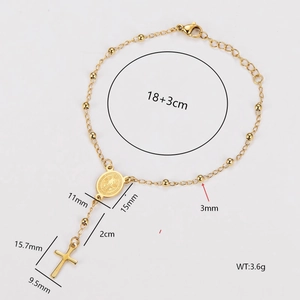 Bracelet chapelet en acier inoxydable plaqué or 18k avec croix et médaille portrait