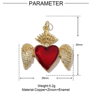 Detailed size diagram of red enamel heart pendant with golden zircon wings and crown