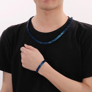 Ensemble collier et bracelet à chaîne byzantine bleue pour homme en acier poli