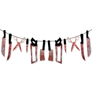 Halloween Banner Deko mit hängenden blutigen Messern, Sägen und Scheren aus Papier