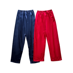 Navy and red satin pajama pants set with elastic waist and straight wide-leg fit