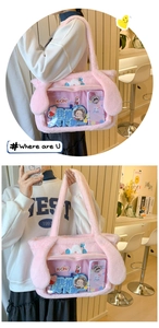 Pink plush tote bag with cat ears featuring a transparent PVC window for doll display