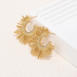 Minimalist 18K gold plated C-shaped sunburst earrings with sparkling white crystals