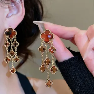 Vintage Four Leaf Clover Dangle Earrings With Silver Earring Post Gold Plated Amber Glass Long Tassel Elegant Jewelry
