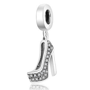 Sparkling silver stiletto heel charm pendant with crystal inlay and reflective surface