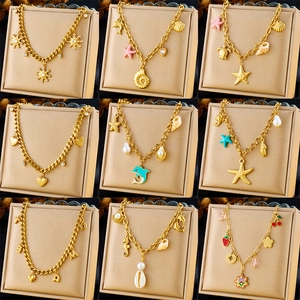 Dolphin Starfish Shell Charm Necklace Gold Plated Stainless Steel Faux Artificial Pearl Heart Pendant Ocean Style Jewelry Women