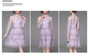 Detail of purple lace embroidery and mesh layering on long-sleeved floral dress