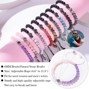 Customized projection photo bracelet with natural gemstones and adjustable braided cord