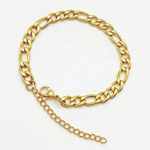 Polished gold stainless steel Figaro chain bracelet with lobster clasp for men and women