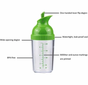 Detail view of leak-proof squeeze bottle with precise ml and oz scale markings