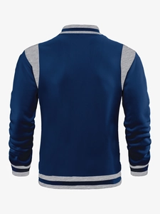Rear view of a navy blue and heather grey varsity jacket with striped ribbed trims