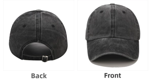 Front and back detail of vintage washed cotton baseball cap with adjustable metal buckle