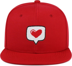 Close-up of red flat brim cap with detailed heart embroidery on red twill cotton fabric