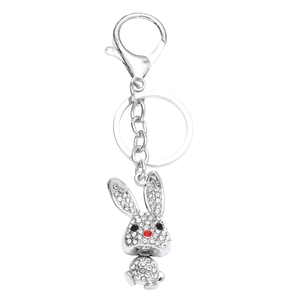 Crystal rabbit keychain pendant with white rhinestones and silver alloy lobster clasp
