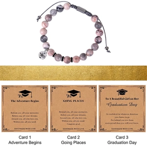 Pink Zebra Jasper stone beaded bracelet with compass charm and graduation cards