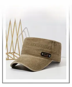 Detail of brown flat top military cap with side classic sport rivet label decoration