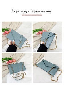 Detailed views of light blue envelope bag with gold ring closure and chain strap